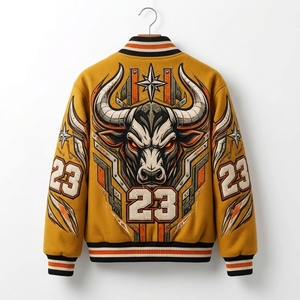 Chaqueta Dorada para Hombre, Chaqueta Universitaria de Béisbol, Cuerpo de Lana, Mangas de Cuero, Diseño de Toro Bordado, Chaqueta Bomber de Equipo - Product Image 2