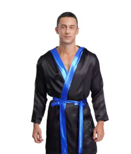 PROFIT SPORTS Robe à capuche en satin noir avec bordure bleue en polyester, tenue d'entraînement d'arts martiaux pour hommes, toutes saisons, coupe confortable, respirante - Product Image 6