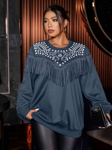 Teal Oversized Sweatshirt with <b>Rhinestone</b> Fringe Detail Western-Inspired Pullover Long Sleeve Embellished Streetwear Apparel - Product Image 1