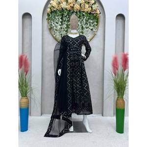 TRENDING GEORGETTE BORDADO LACKNOWI TRABAJO VESTIDO CON DUPATTA NEGRO - Product Image 1