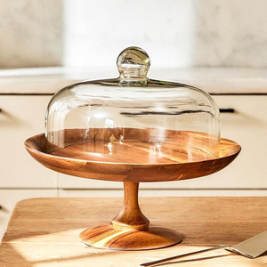 Support à gâteau en bois avec dôme en verre, plateau de service pour desserts, plateau de présentation de fromages pour la table à manger - Product Image 2