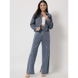 Distressed Denim Two-Piece Co-Ords <b>Set</b> Button Up Jacket & High Waist Wide Leg Pants <b>Sets</b> Casual Streetwear Fashion Jean Outfits - Product Image 1