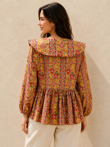 Hand Block Print Cotton Peplum Top: Floral Boho Blouse (Yellow Base) - Product Image 2