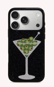 Funda protectora trasera para teléfono inteligente de plástico duro negro con cristal de diamantes de imitación y diseño de copa de Martini, hecha a mano - Product Image 1