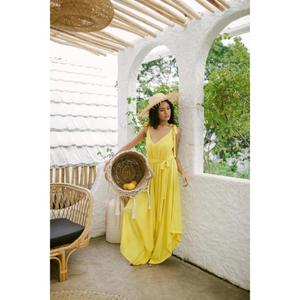 Combinaison longue jaune pour femme, style bohème, sans manches, à jambes larges, élégante tenue de plage estivale - Product Image 5