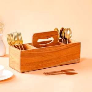 Indian Supplier Wooden Cutlery <b>Caddy</b> with Handle for Picnic <b>Kitchen</b> Counter Dining Table Organization Available For Sale - Product Image 2