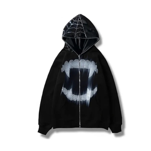 Sudadera con capucha negra para hombre, diseño de boca con pedrería, cremallera extragrande, estilo urbano, para otoño - Product Image 5