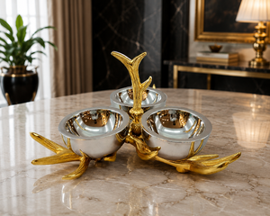 Plateau de service décoratif fait main avec trois bols sur une branche pour fruits secs, collations, bonbons et décoration de table. - Product Image 2