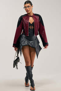 Chaqueta Bomber de Mujer en Cuero Sintético con Bloques de Color, Manga Larga, Cuello Alto, Cierre de Cremallera, Estilo Moto, Moda de Invierno - Product Image 4