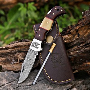 Couteau de poche pliant en acier Damas, vente en gros, fournisseur en vrac, couteau de chasse EDC à verrouillage, personnalisation de marque, distributeur, manche en bois - Product Image 5