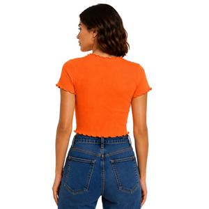 Top Corto Acanalado Naranja para Mujer, Manga Corta, Cuello Redondo con Volantes, Algodón y Spandex, Ajuste Delgado, Camiseta Casual de Verano, OEM Personalizado - Product Image 2
