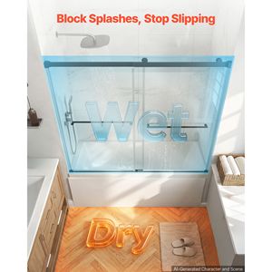 Porte de douche coulissante sans cadre 60"W x 60"H noire en verre trempé transparent de 5/16" pour baignoire à double coulissement - Product Image 3