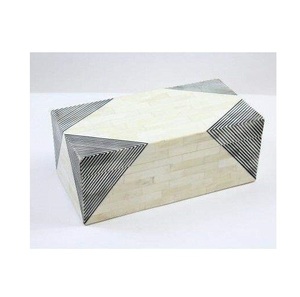 Geometric Bone Inlay Wooden <b>Box</b> with <b>Hinged</b> <b>Lid</b> and Minimalist Design for Contemporary Home Decor and Large Capacity <b>Storage</b> - Product Image 1