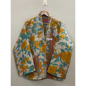 Veste kimono en patchwork 100% coton faite à la main, col châle, manches longues, écologique, pour femme - Product Image 5