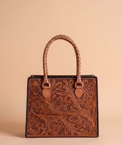 Hand Carved Genuine Leather Bohemian <b>Summer</b> Shoulder Bag Embroidery Braided Handles Floral Pattern Eco-Friendly Tote <b>Handbag</b> for - Product Image 1