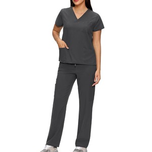 Nuevo Conjunto de Uniforme Médico Unisex con Cuello en V, Color Gris Oscuro, Algodón y Poliéster, Pantalones con Bolsillos, Transpirable y Antiarrugas - Product Image 1