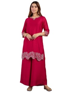 Ensemble 3 pièces traditionnel indien pour femme : Kurta droite en soie brodée, Palazzo et Dupatta, pour usage quotidien décontracté - Product Image 2