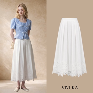 Jupe longue évasée taille haute en coton mélangé avec broderies et dentelle pour femme, modèle ESTHER (ODM/OEM) - Product Image 1