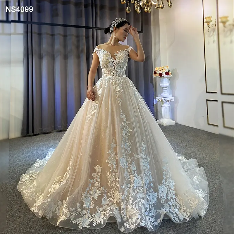 Jancember NS4099 Appliqued Champagne Elegant Sweetheart Lace Bridal Wed Gown Dress