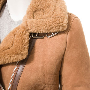 Women's Shearling Motorcycle <b>Jacket</b> With Fur Trim Zipper Closure Winter Warm <b>Biker</b> Style Full Sleeve <b>Suede</b> Coat - Product Image 4