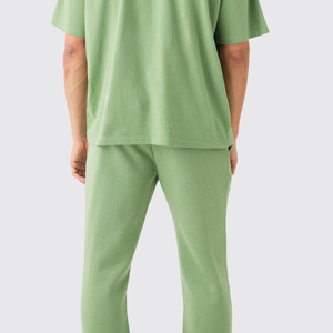 Men’s Summer Tracksuit Set – Short Sleeve Tee & <b>Pants</b>, Lightweight Breathable Cotton Fabric, Green Color, Casual and Gym Wear - Product Image 6