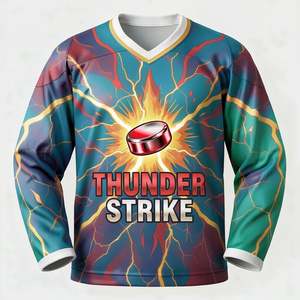 Camiseta de Hockey sobre Hielo Sublimada Thunder Strike para Hombre, Manga Larga, Cuello en V, Poliéster que Absorbe la Humedad, Ropa Deportiva, Corte Regular - Product Image 1