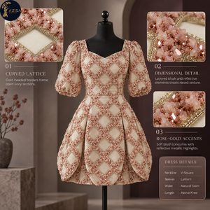 Blush Pearl Beaded Dress <b>Fabric</b> with Curved Diamond Lattice and Dimensional Floral Accents | Decorative Textile for Bridal Gowns - Product Image 5