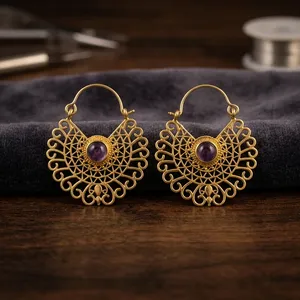Magnifiques boucles d'oreilles créoles en laiton améthyste, légères et massives, couleur or, pour femmes, idéales pour les anniversaires - Product Image 3