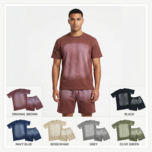 Men's Premium <b>Knitted</b> Cotton Breathable Sunfaded Shorts <b>Set</b> | Oversized Streetwear 2-Piece Tracksuit | Vintage Washed Casual - Product Image 1