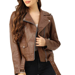 Chaqueta de Motociclista de Cuero Genuino para Mujer, con Cinturón, Cuello Solapa, Cremallera Asimétrica, Marrón, Ecológica, Cortavientos, Abrigo de Invierno - Product Image 1