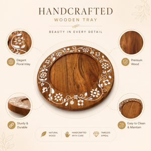 Plateau de service en bois fait main de qualité supérieure avec incrustations en os |   Plateau rond décoratif à motif floral pour table à manger, décoration de la maison et cadeaux - Product Image 5