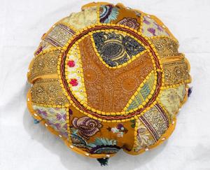 Yellow Vintage <b>Floral</b> Embroidered Round <b>Cushion</b> <b>Cover</b> Throw Bohemian Floor Patchwork Pillow <b>Cover</b> - Product Image 1