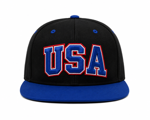 Gorra Snapback Personalizada al por Mayor con Bordado 3D en Relieve, Logotipo de EE. UU., Dos Tonos, Negro y Azul, Perfil Alto, 6 Paneles, Estilo Urbano, Visera Plana - Product Image 1