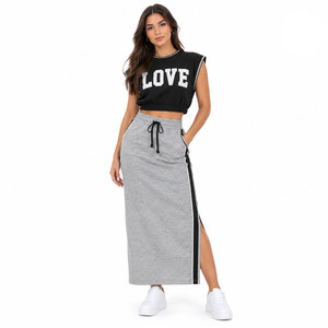 Trendy Mock Neck Crop Sweatshirt Split Hem <b>Maxi</b> <b>Skirt</b> Custom Applique Women's Colorblock Piping Tracksuit Streetwear 100% Cotton - Product Image 5