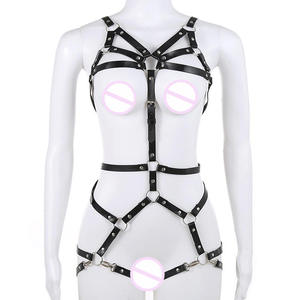 <b>Black</b> Faux Leather <b>Harness</b> Lingerie Set Studded Ring Strap Body Shaper for Halloween Party Cosplay - Product Image 3
