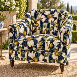 Tissu d'ameublement PRANIKA en velours floral bleu et blanc, respirant, léger, tissé, avec accents dorés, pour canapé et chaise - Product Image 3