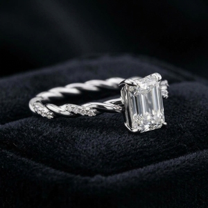 14K White Gold Diamond <b>Ring</b> 1 Ct <b>Emerald</b> Cut Solitaire Twisted Vine <b>Band</b> Engagement <b>Ring</b> Lab Grown Diamond Studded Rope <b>Band</b> - Product Image 2