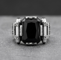 Signet unisexe en argent sterling 925 avec pierre précieuse onyx noir 12x16mm, serti clos rectangulaire, fait main, plaqué rhodium, style punk