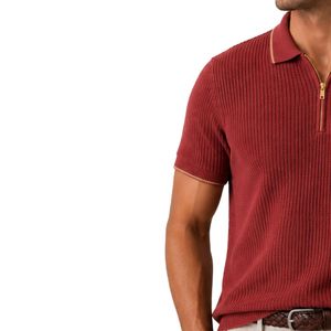 Polo de Punto Rojo Personalizado para Hombre, Cierre Dorado, Manga Corta, Tela Texturizada de Lujo, Logotipo Personalizado, Camisa de Golf de Diseñador OEM - Product Image 3