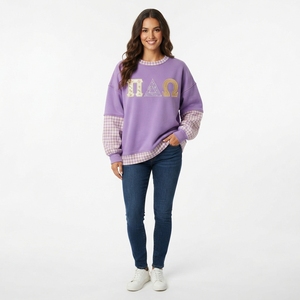 Sudadera de cuello redondo para mujer, azul con apliques a cuadros, letras griegas, manga gris, corte regular, para otoño - Product Image 3