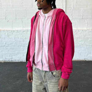 New Pink Oversized Color Block Triple Layer 100% Cotton French Terry Heavyweight Winter Embroidered Zip-<b>Up</b> Hoodie for Men - Product Image 2