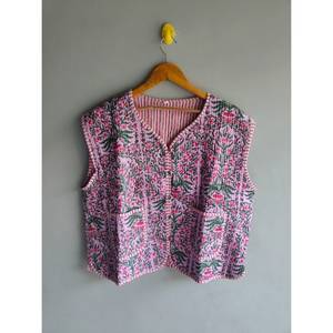 Chaleco bomber acolchado floral de algodón, reversible, transpirable, de manga corta para mujer, regalo para ella - Product Image 1