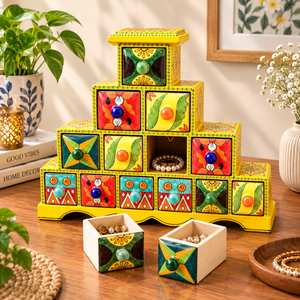 Handcrafted Blue Pottery Wooden <b>Drawer</b> <b>Organizer</b> | Colorful Hand Painted <b>Storage</b> Cabinet | Indian Wooden Home Decor - Product Image 6