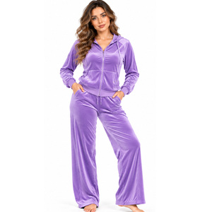 <b>Womens</b> <b>Velvet</b> <b>Tracksuit</b> Zip Hooded Jacket Wide Leg Pants Simple Smooth Plush Fabric Relaxed Lounge Wear Wholesale Custom Factory - Product Image 1