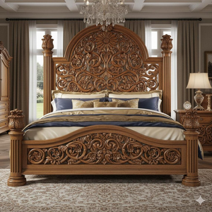 Cama Queen-Size Estilo Mid-Century de Caoba con Tallados a Mano y Acabado Excelente para Juego de Dormitorio, Muebles para el Hogar - Product Image 1