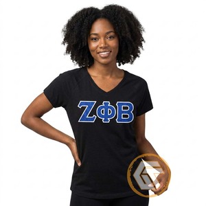 Vente en gros GREEK TREASURES T-shirts décontractés en jersey pour femmes, à col en V, manches courtes, motif uni, brodés Zeta Phi Beta, pour sororité - Product Image 1