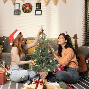 Albero di Natale Artificiale da Tavolo in PVC 60cm, 100 Rami, Piccolo Albero Natalizio per Camera da Letto, Scrivania, Portico con Base in Tessuto - Product Image 4