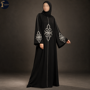 Black Abaya with <b>Silver</b> Ornamental Embroidery and Wide Sleeves | Full Length Modest Muslim <b>Dress</b> for Evening & Occasion Styling - Product Image 1