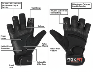 REXFIT Neoprene Lightweight Half <b>Finger</b> Gym Gloves Black Mesh Breathable Non Slip Adjustable Wrist <b>Strap</b> Weight Lifting Unisex - Product Image 5