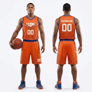 Conjunto de Uniforme de Baloncesto Sublimado Personalizado para Hombre, Camiseta Naranja sin Mangas con Cuello en V, Uniformes de Equipo que Absorben la Humedad con Impresión de Logotipo - Product Image 1